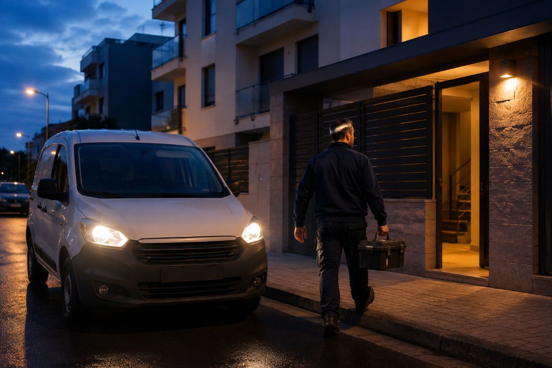 Furgoneta del servicio de urgencias de persianas llegando al anochecer